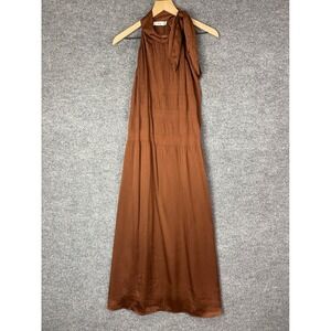 NEW Mango Halter Maxi Dress Womens 2 Brown Pleated Tie Neck Satin Finish